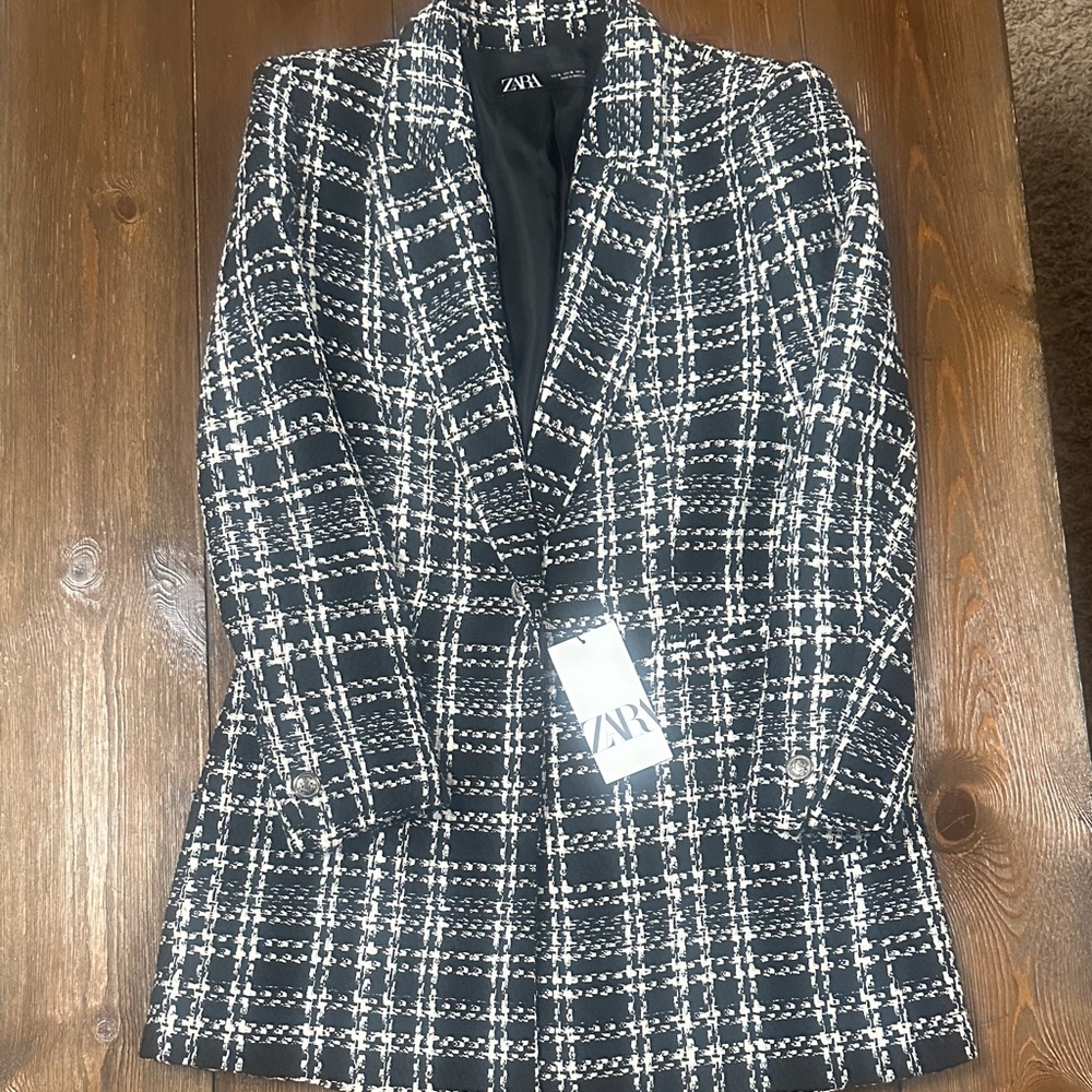 Zara Black and White Tweed Plaid Blazer Coat - Picture 5 of 12